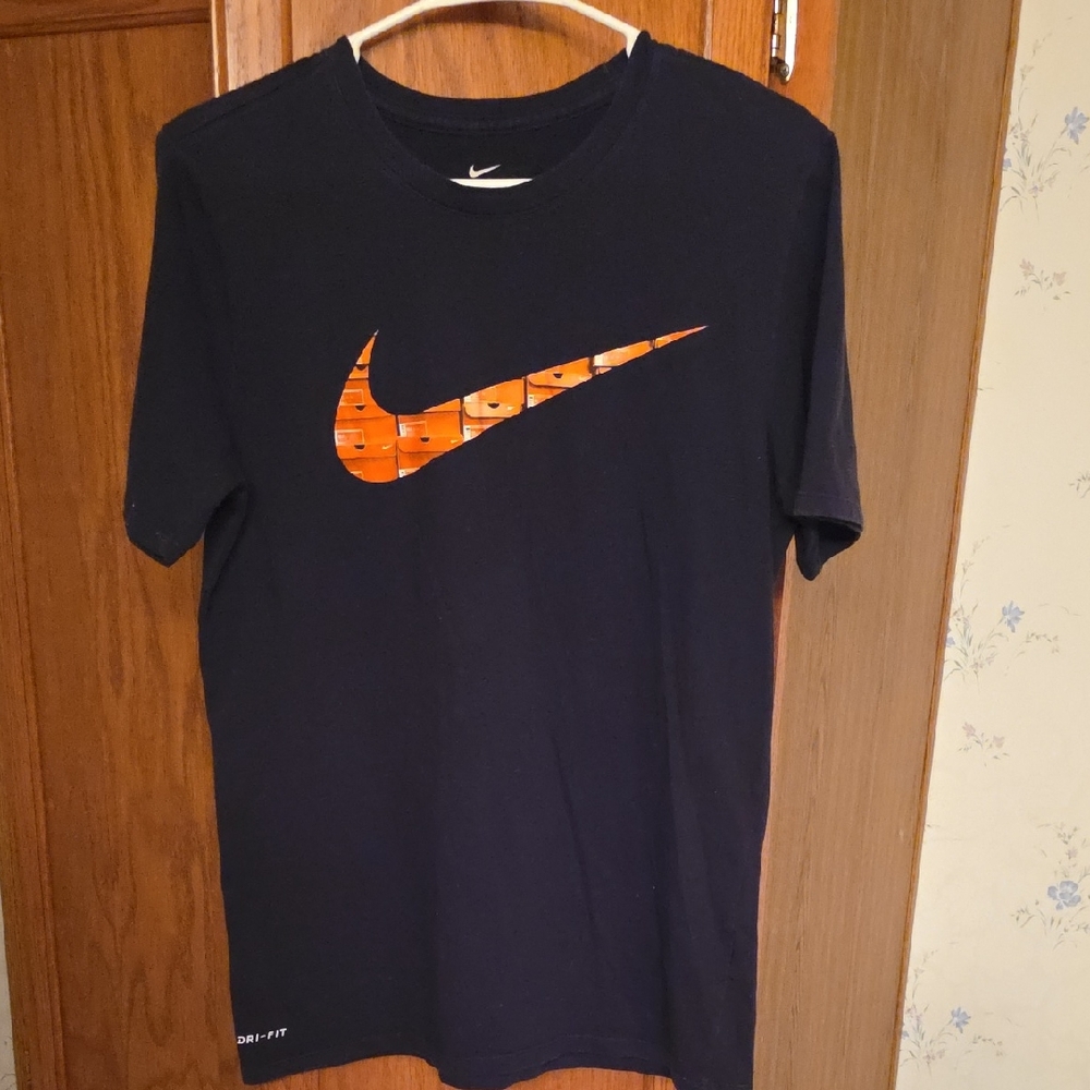 Nike Men's Black Tee with Vibrant Orange Swoosh
